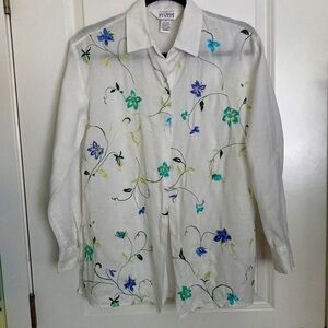 Allison Taylor Women's 100% Linen Embroidered Button Down Top Long Sleeves Sz S